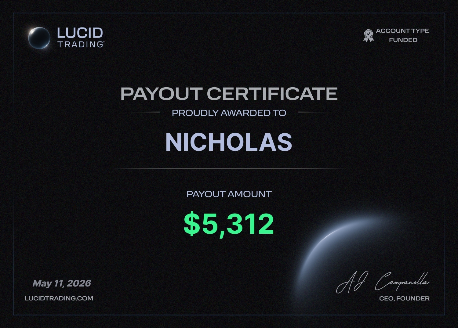 Lucid Trading $5,312 payout certificate — Nicholas, May 11, 2026