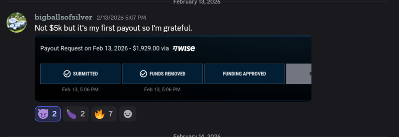 bigballsofsilver: first payout of $1,929 via Wise