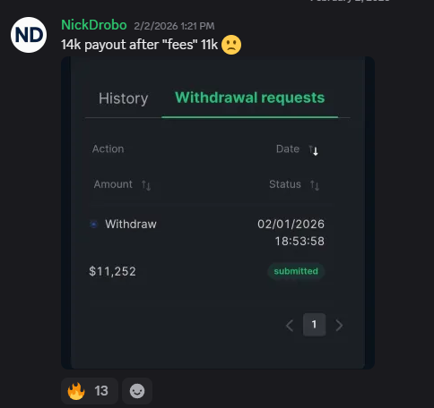 Withdrawal request screenshot showing an $11,252 payout submitted on February 1, 2026