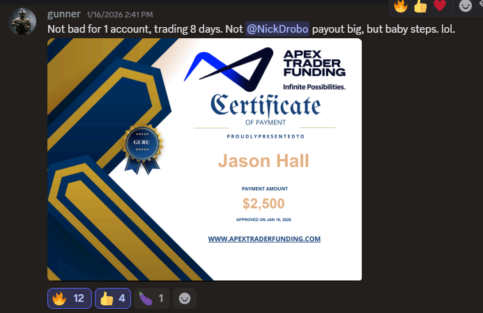 gunner: Apex Trader Funding $2,500 certificate of payment after 8 days on one account