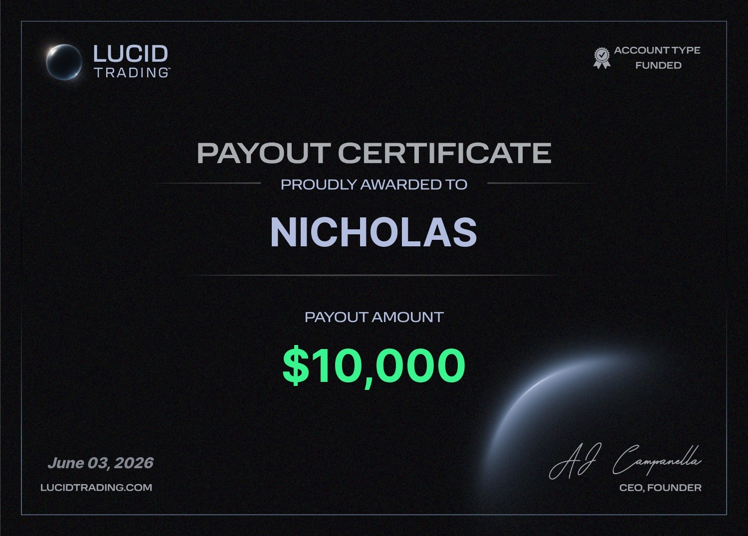 Lucid Trading $10,000 payout certificate — Nicholas, June 03, 2026