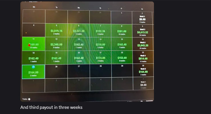 Student trading calendar with a full month of green days and a third payout in three weeks